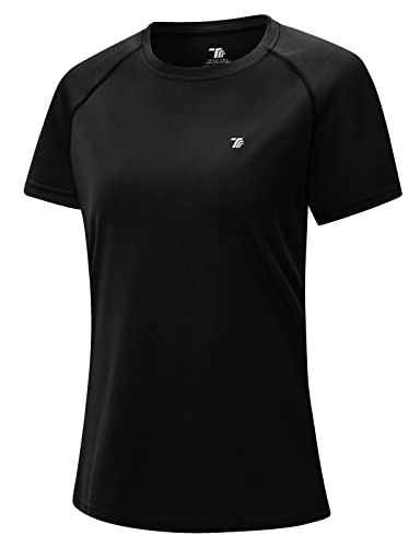 donhobo T-Shirts für Damen Sportshirt Kurzarm mit Reflexstreifen Leicht Atmungsaktiv Stretch Funktionsshirt Rundhals Tshirt Schnelltrocknend Laufshirt (Schwarz, L) von donhobo