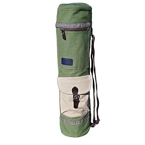dualseele Eco Yogatasche für Matte groß 70 cm aus Baumwolle/Leinen praktisch mit großen Taschen und Tragegurt aus Baumwolle, robust hochwertig verarbeitet, wasserdicht (Classic, Green Earth) von dualseele