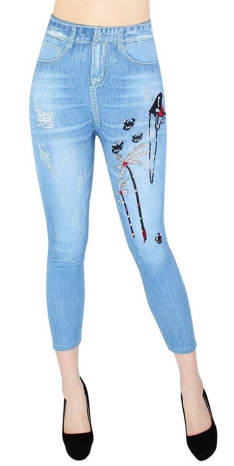 dy_mode 7/8-Leggings Bequemer Damen Capri Jeggings 7/8 Leggings Jeans Optik Sommer Jeggins mit elastischem Bund, mit Kunstperlen Verzierungen von dy_mode