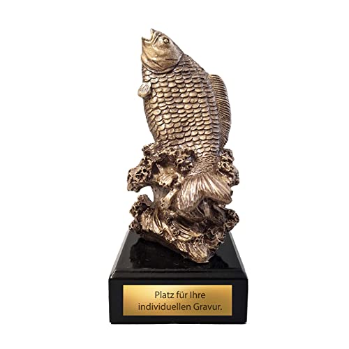 eberin · Angler Pokal · Angeln Pokal · Fischer Trophäe · Bronze Karpfen auf schwarzem Sockel · Angelsport Pokal mit Wunschtext · 17,5 cm von eberin