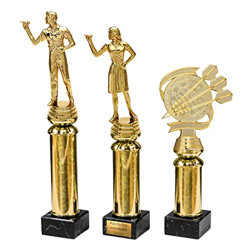 eberin · Dart Pokale 3 Figuren Mann, Frau, Dartscheibe/Dartpfeile auf Goldsäule/Marmor schwarz · Dart Trophäe · Dart Preis · Dartclub Award · Pokal mit Gravur · (Neutral/H: 24,8cm) von eberin