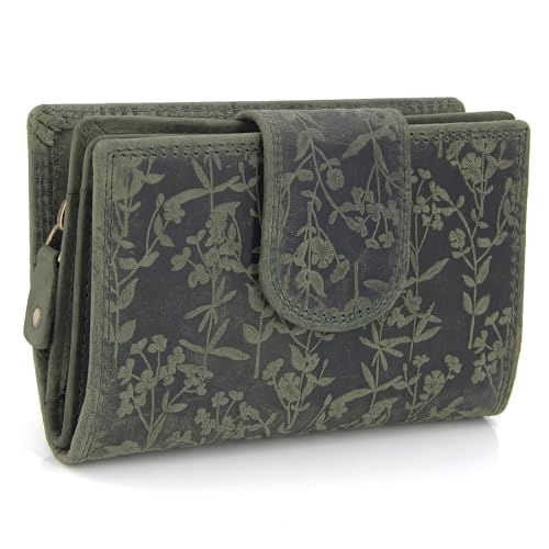 ekavale Damen-Portemonnaie im Querformat, Blütenmuster, RFID-Schutz, Leder, viele Fächer, dreigeteiltes Münzfach (Grün) von ekavale