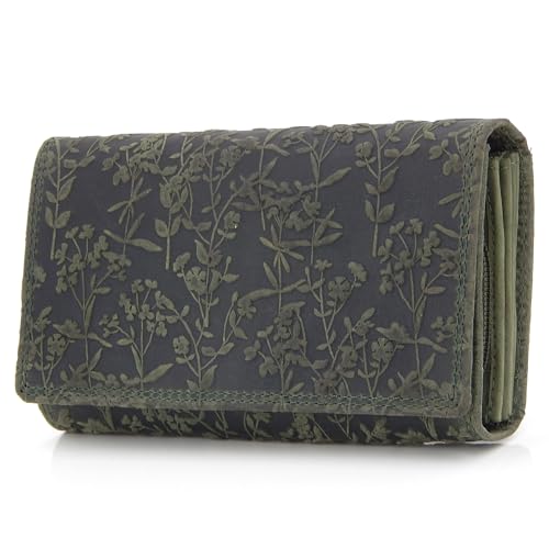 ekavale Portemonnee für Damen mit Blüten Muster RFID-Schutz, Leder Geldbörse Langformat mit Druckknopf (Grün) von ekavale