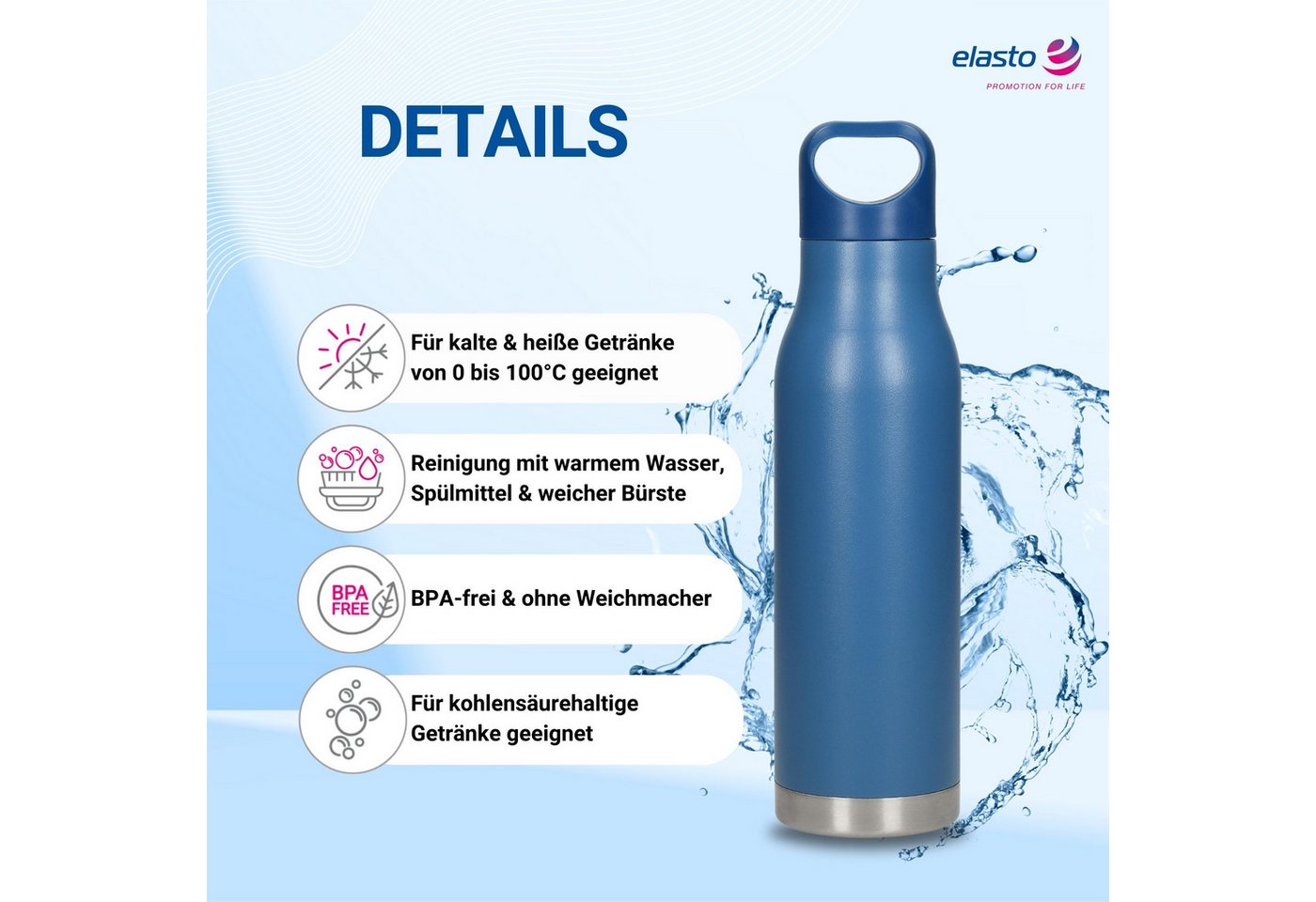 elasto Trinkflasche 480 ml Vakuumflasche "Orlando" Wasserflasche aus Edelstahl, Isolierflasche, Schule, Sport, Arbeit, Bottle, Kinder & Erwachsene elasto Trinkflasche 480 ml Vakuumflasche "Orlando" Wasserflasche aus Edelstahl, Isolierflasche, Schule, Sport, Arbeit, Bottle, Kinder & Erwachsene von elasto