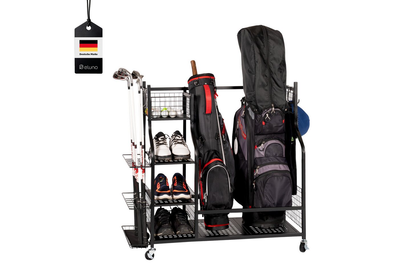 eluno Sportgeräte-Regalwagen passend für 2 Golftaschen, aus schwarzem Stahl eluno Sportgeräte-Regalwagen passend für 2 Golftaschen, aus schwarzem Stahl von eluno