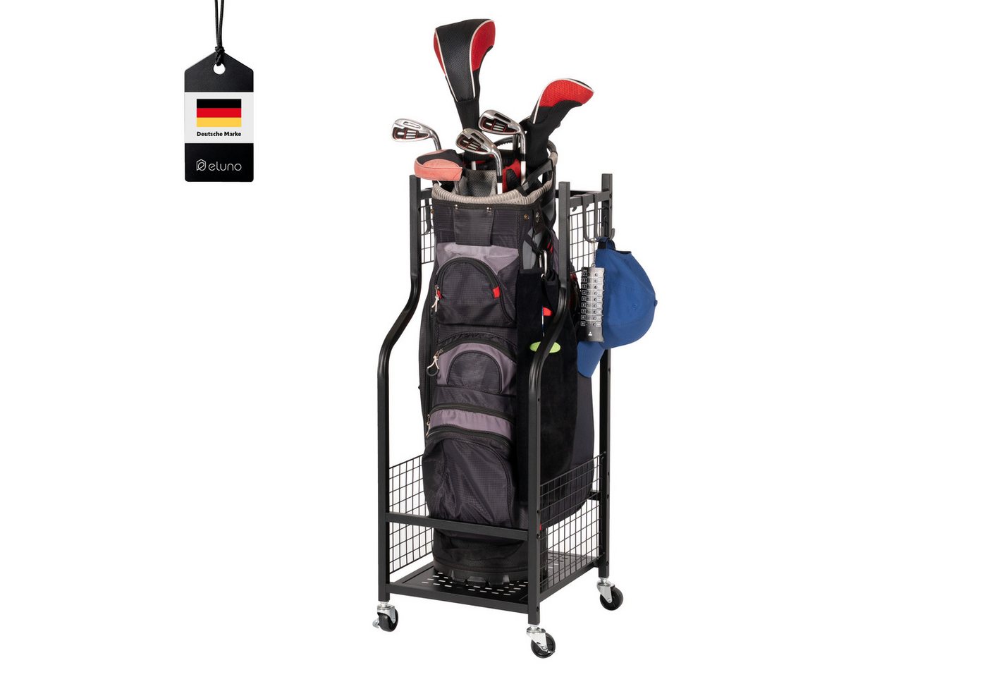 eluno Sportgeräte-Regalwagen passend für 1 Golftasche, aus schwarzem Stahl eluno Sportgeräte-Regalwagen passend für 1 Golftasche, aus schwarzem Stahl von eluno