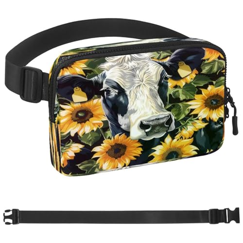 Gürteltasche mit Sonnenblumen und Kuh, für Damen und Herren, Crossbody-Gürteltasche mit Reißverschlusstaschen, wasserdichte Hüfttasche mit verstellbarem Riemen für Workout, Laufen, Reisen, Wandern, von etoenbrc