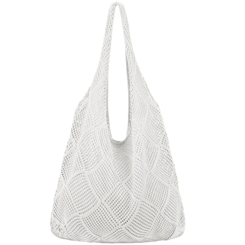 Strandtasche Strandtasche Frauen Mesh Häkel Tasche Ästhetische Häkelbeutel Strand hohler Sommertasche für Reisebotten 14,6x13 Zoll Beige Weiß von eurNhrN