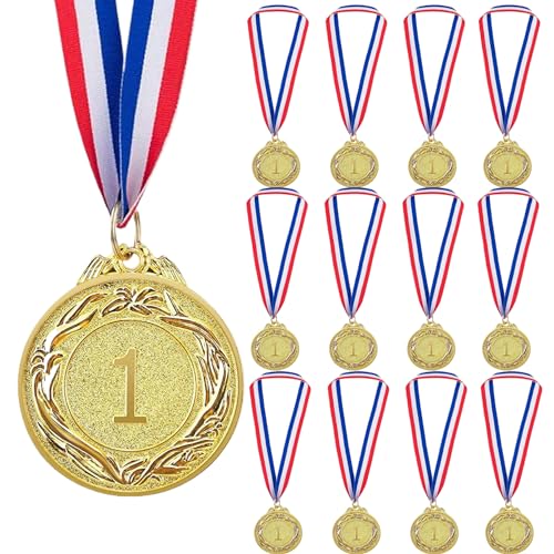 eurNhrN Medaillen für Kinder 12pcs 2 Zoll Geschnitzte Legierung Medaillen mit Nackengurtpreisen perfekt für Sportturniere, akademische Wettbewerb, goldene Outdoor -Gegenstände von eurNhrN