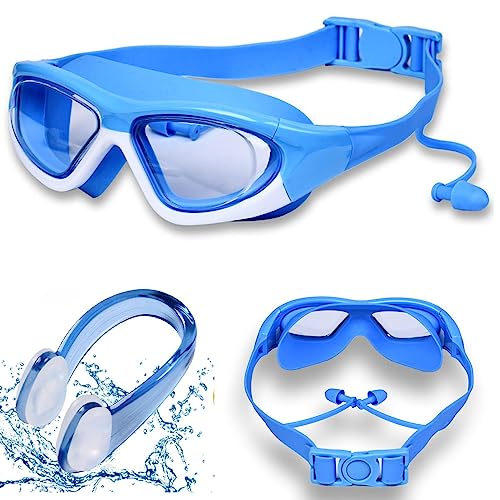 euroseles Schwimmbrille mit Etui und Nasenklammer, UV-Schutz, beschlagfrei und wasserdicht, für Mädchen und Kinder, Schwimmbrille, Blau von euroseles