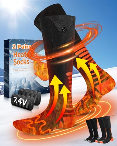 2 Paare Beheizbare Socken, Eventek 7.4V Wiederaufladbare Beheizbare Socken mit Akku, 360° Heated Heizsocken Herren Damen mit 3 Temperaturen, Waschbare Beheizte Socken für Skifahren Jagd Wandern von eventek