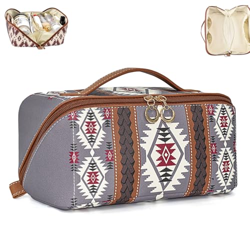 Pu Bohemian Makeup Bag,Boho Western Makeup Bag,Portable Large Capacity Travel Organizer Bags for Women,Bohemian Style Makeup Bag (Purple) von evtbtju