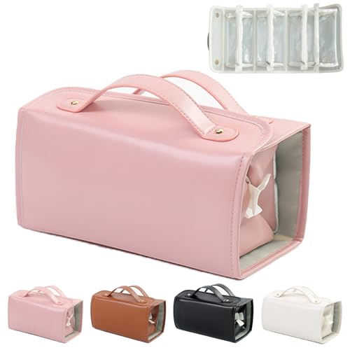 Waterproof Cosmetic Bag with Detachable Design,with 4 Detachable Clear Compartment Bag,Roll Up Cosmetic Travel Make Up Toiletry Bag,Hanging Cosmetic Bag with Compartments (Pink) von evtbtju