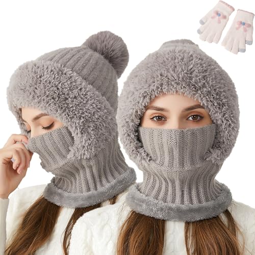 evtbtju Women's Knitted Hat in Autumn and Winter,Thickened and Padded hat bib mask one-Piece hat,Knitted Women's Woolen Hat (Grey) von evtbtju