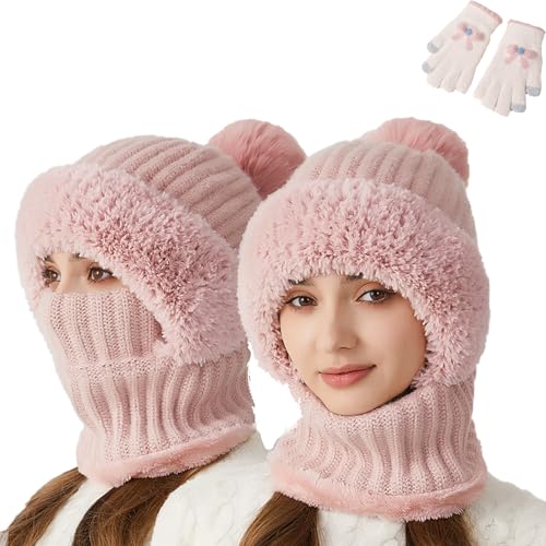 evtbtju Women's Knitted Hat in Autumn and Winter,Thickened and Padded hat bib mask one-Piece hat,Knitted Women's Woolen Hat (Pink) von evtbtju