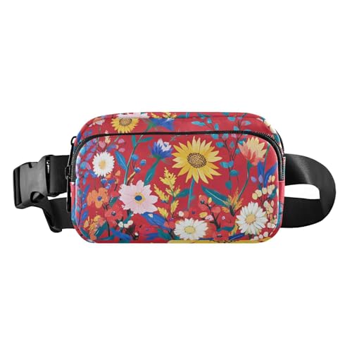 Hüfttasche mit Frühlingsblumen, Sonnenblumen, Pfingstrosen, rot, trendige Bauchtasche für Damen und Herren, große Kapazität, Croose-Body mit verstellbarem Riemen, für Radfahren, Wandern, von famyily