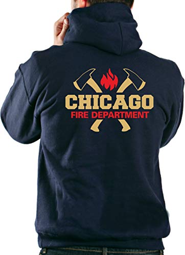 feuer1 Hoodie Navy, Chicago Fire Dept. mit Äxten und Standard-Emblem in Gold-rot von feuer1