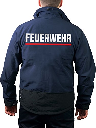 feuer1 WorkSoftshelljacke Navy, BaWü mit Stauferlöwe nach VwV, Feuerwehr Silber mit rotem Streifen hinten von feuer1