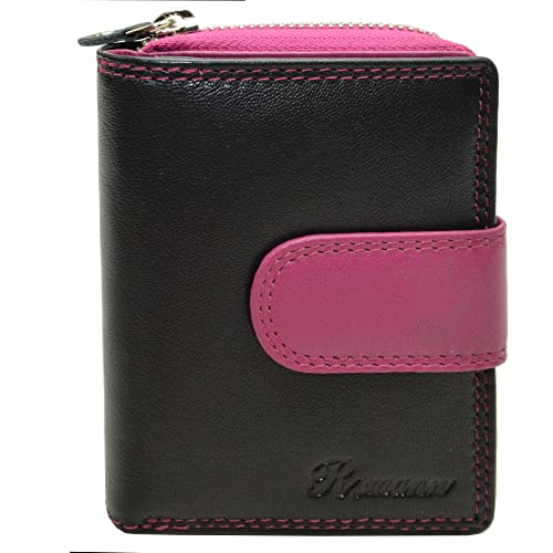 flevado Damen Geldbörse Brieftasche RFID Schutz Riegelverschluss 4 Münzfächer Echt Leder (Schwarz-Pink) von flevado