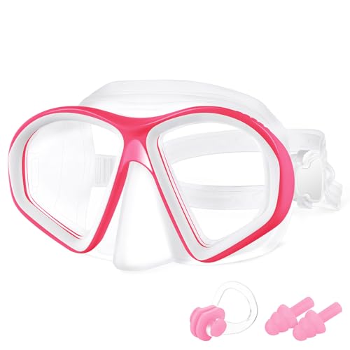 Flintronic Taucherbrille Kinder, Anti-Leck Schnorchelmaske, Antibeschlag-Taucherbrille mit Ohrstöpseln & Nasenclip, Anti-UV-Schwimmbrille für Kinder im Alter von 4-12, (1er Pack-Rosarot) von flintronic