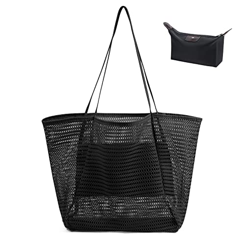 flintronic Mesh Strandtasche Groß mit Reißverschluss Innentasche, 45 * 35 * 16 cm Strandtasche Damen mit Kosmetiktasche，Große Reisetasche Strandtasche Faltbare Handtaschen Beach Tote Bag von flintronic