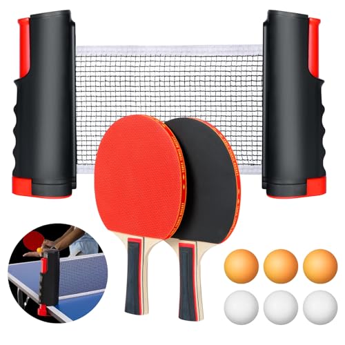 flintronic Tischtennisschläger Set, 2 Tischtennisschläger + 1 Einziehbarem Netz + 6 Tischtennis-Bälle + 1 Tragetasche, Tischtennisschläger Set für Anfänger und Fortgeschrittene,Familien und Profis von flintronic