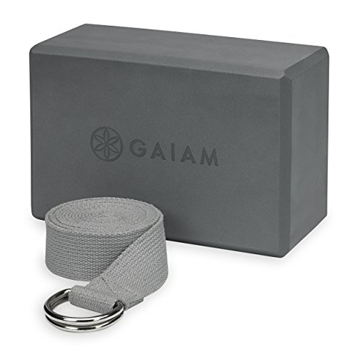 Gaiam Yoga-Block & Yoga-Gurt, Kombi-Set – Yoga-Block mit Gurt, Pilates & Yoga-Requisiten zum Verlängern und Vertiefen von Dehnungen, Yoga-Set für Stabilität, Balance und optimale Ausrichtung – Grau von Gaiam