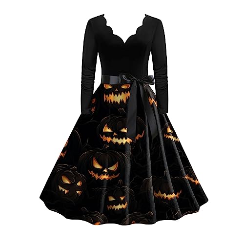 Halloween Kostüm Damen, A Linien Kleid Langarm Lang Geister Fledermaus Cocktailkleid Festlich Vintage Erwachsene Kostume Halloweenkleid Partykleid Gruseliges Halloweenkostüm von generic