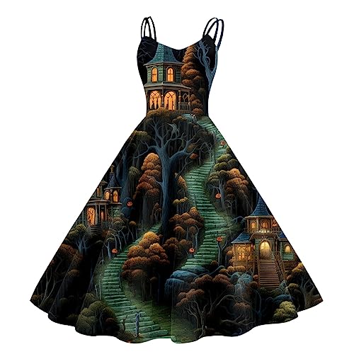 Halloween Kostüm Damen, A Linien Kleid Spaghettiträger Lang Burg Kürbis Cocktailkleid Festlich Trägerkleid Kostume Erwachsene Partykleid Halloweenkleid Gruseliges Halloweenkostüm von generic