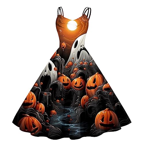 Halloween Kostüm Damen, A Linien Kleid Spaghettiträger Lang Kürbis Geister Cocktailkleid Festlich Trägerkleid Kostume Erwachsene Halloweenkleid Partykleid Gruseliges Halloweenkostüm von generic