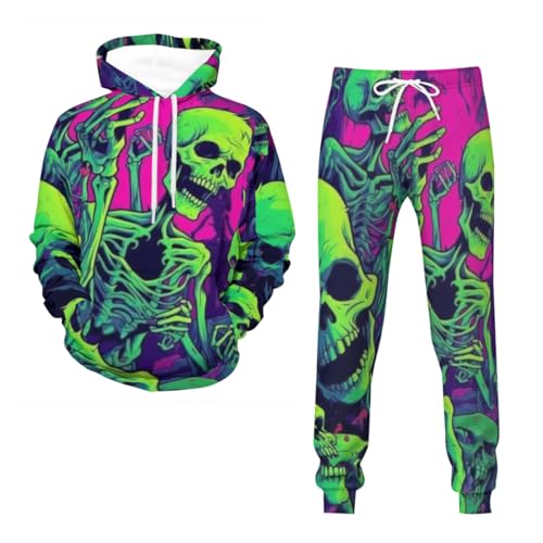 Skull Hoodie Herren Totenkopf Trainingsanzug Set Zweiteiliges Set Skull Pattern Hoodie Und Hose Trainingsanzug ，Mischgewebe XS-5XL (blau,M) von generic