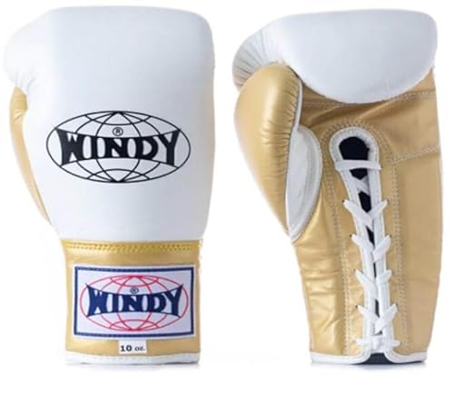 Windy LACE UP Muay Thai Boxing Gloves String Rope Boxing Gloves Sizes, 8-16 oz (Gold-White, 16 oz) von generic