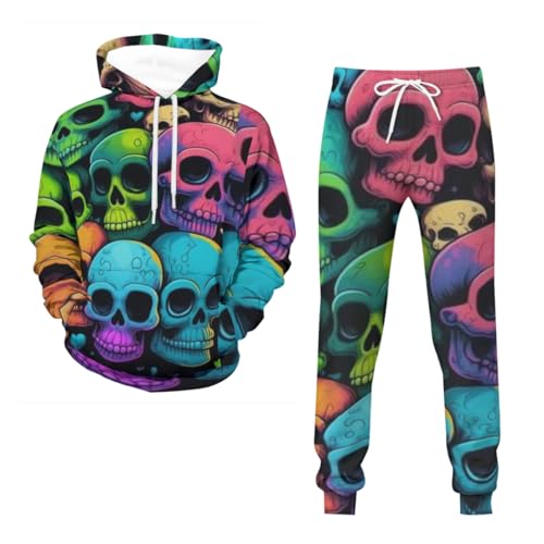 generic Skull Hoodie Herren Totenkopf Trainingsanzug Set Zweiteiliges Set Skull Pattern Hoodie Und Hose Trainingsanzug ，Mischgewebe XS-5XL (grün,L) von generic