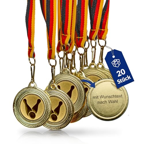 Pokal-Fabrik - Bowling-Medaillen 20er Set Metall mit Wunschtext - Bowlingmedaille golden zum Umhängen für Siegerehrungen - Medaillen Kinder mit Deutschlandband & Emblem für Vereine & Turniere von geschenke-fabrik.de