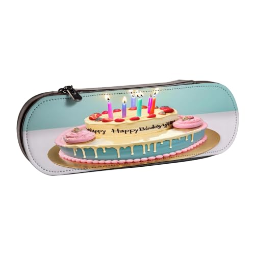 gikdlgog Federmäppchen aus Leder mit Aufschrift "Happy Birthday", mit großem Kuchendruck, Make-up-Tasche, vielseitige Ledertasche für Damen und Herren von gikdlgog