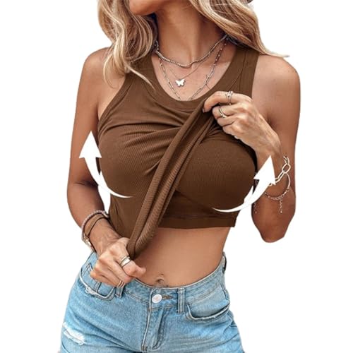 heofonm Ribbed Tank Top Built in Bra, Chicme Tank Top with Bra, Comfort Round Neck Sexy Tank with Built in Bra (Brown,L) von heofonm