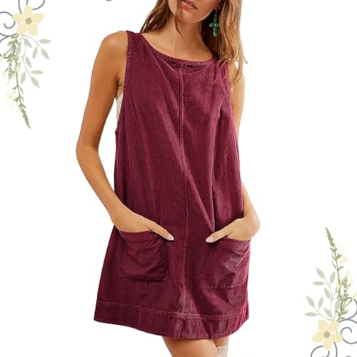 heofonm Women's Corduroy Overall Dress, Round Neck Skirtall Jumper A Line Mini Romper Pinafore with Pockets (Wine Red,Medium) von heofonm