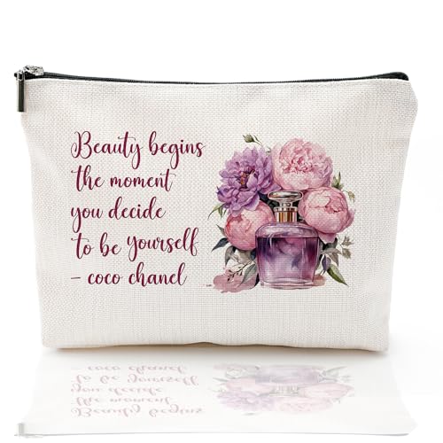 Coco Chanel Make-up-Tasche mit Zitaten für Mädchen, modische Parfüm-Blume, Schönheit beginnt in dem Moment, in dem Sie sich entscheiden, selbst zu sein, wasserdichte Kosmetiktasche aus Leinen, von heshengzaixian