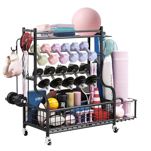 hiee Hantelständer, Hantelablage Gewichtsregal für Kettlebells, Heavy-Duty Home Gym Aufbewahrungsregal für Yogamatte und Trainingsgeräte, Aufbewahrungshalter mit Rädern, Haken und Mesh Top hiee Hantelständer, Hantelablage Gewichtsregal für Kettlebells, Heavy-Duty Home Gym Aufbewahrungsregal für Yogamatte und Trainingsgeräte, Aufbewahrungshalter mit Rädern, Haken und Mesh Top von hiee