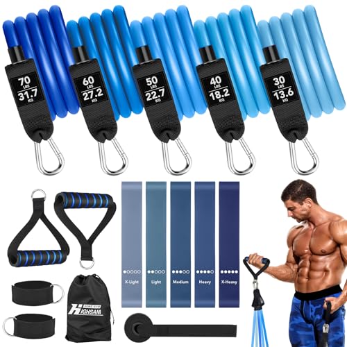 Resistance Bands Set,5 Fitnessbänder Set Widerstandsbänder,Widerstandsband Set Fitnessband mit Griff Knöchelriemen Tragtasche,5 Latex-Fitnessbänder für Krafttraining Physiotherap von highsam