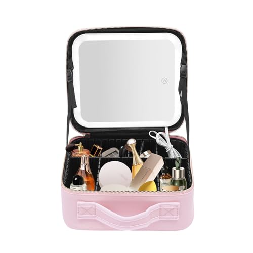 Kosmetiktasche,Kosmetiktasche Portable Reise Make Up,Kosmetiktasche mit Spiegel und LED-Leuchten-Pink von hinnhonay