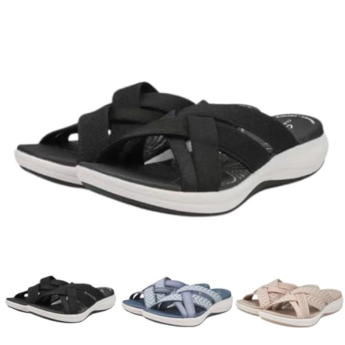 hnomrsk Bequeme Erholungssandalen, orthopädische Sommer-Slipper für Damen mit Fußgewölbeunterstützung bei Plantarfasziitis (6,Black) von hnomrsk