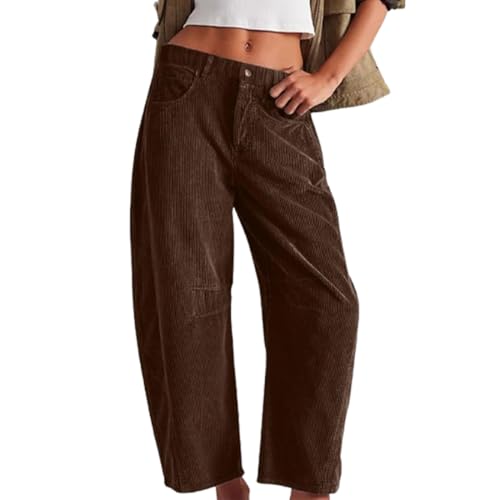 hnomrsk Damen-Cordhose, mittelhohe, elastische Taillen-Cordhose, lässige Baggy-Hose mit weitem Bein (Brown,Large) von hnomrsk