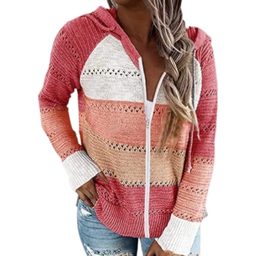 hnomrsk Damen-Kapuzenpullover mit Reißverschluss, gestreiftes Preppy-Kapuzensweatshirt, Farbblockdesign (Large,Red) von hnomrsk