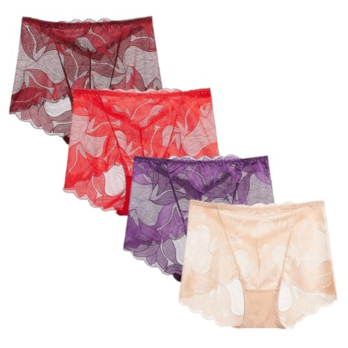 hnomrsk Damen-Slips aus Seidenspitze, hohle Stickerei, sexy Spitzenhöschen, Blumenmuster, Satin-Slips (4 Stück, F, XXL) von hnomrsk