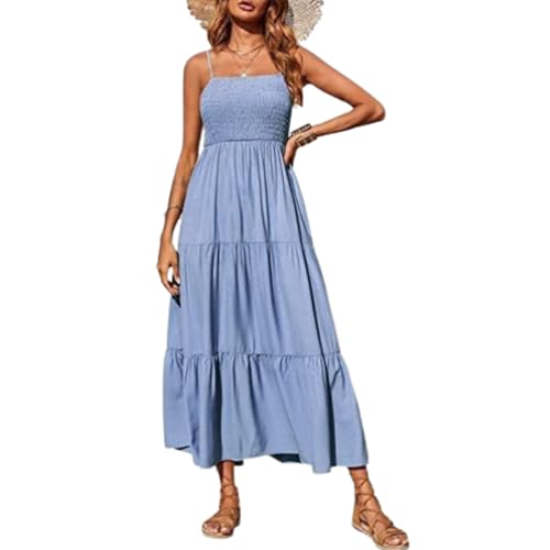 hnomrsk Damen Sommer Maxikleid Casual Boho Ärmellos Midikleid Spaghettiträger Gesmoktes Langes Strand Sonnenkleider von hnomrsk