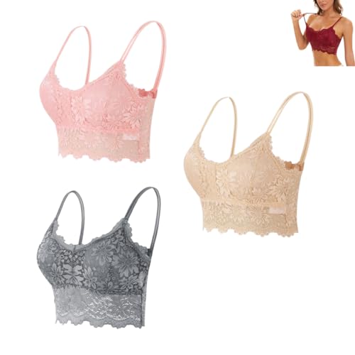 hnomrsk Damen Spitzen-BH, sexy, nahtlos, atmungsaktiv, bequem, Bralette, gepolsterter Bandeau-BH mit Trägern (3 Stück, F, S-M) von hnomrsk