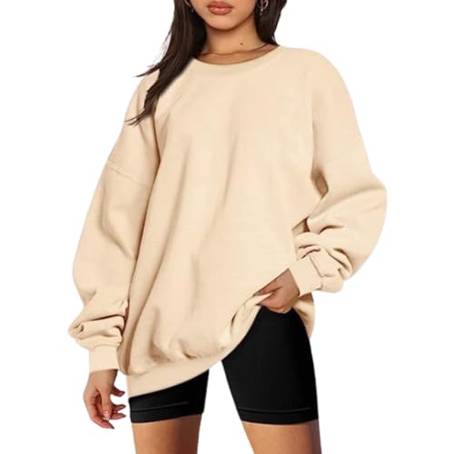 hnomrsk Damen-Sweatshirts mit Rundhalsausschnitt, übergroßer Fleece-Pullover, süßes Oberteil für Teenager-Mädchen (Large,Apricot) von hnomrsk