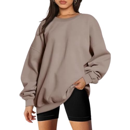 hnomrsk Damen-Sweatshirts mit Rundhalsausschnitt, übergroßer Fleece-Pullover, süßes Oberteil für Teenager-Mädchen (XX-Large,Camel) von hnomrsk