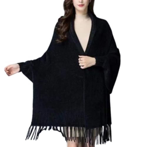 hnomrsk Damenschal mit Quaste in Volltonfarbe, Schal mit Fransenärmeln, Schal, Poncho, Cape, offene Vorderseite, Strickjacke (One Size,Black) von hnomrsk